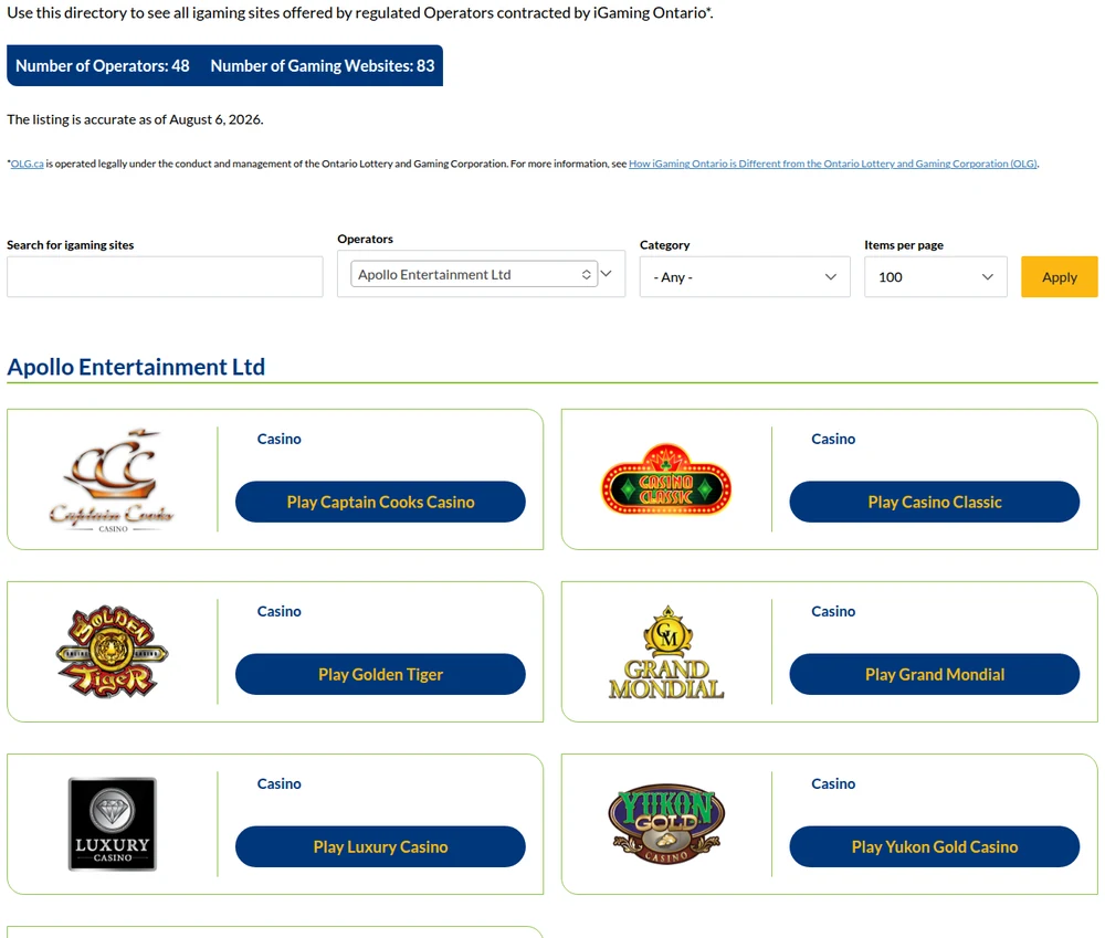 The iGaming Ontario register filtered to Apollo Entertainment Ltd, listing the seven casino sites the company runs in the province: Captain Cooks, Casino Classic, Golden Tiger, Grand Mondial, Luxury Casino, Yukon Gold and Zodiac
