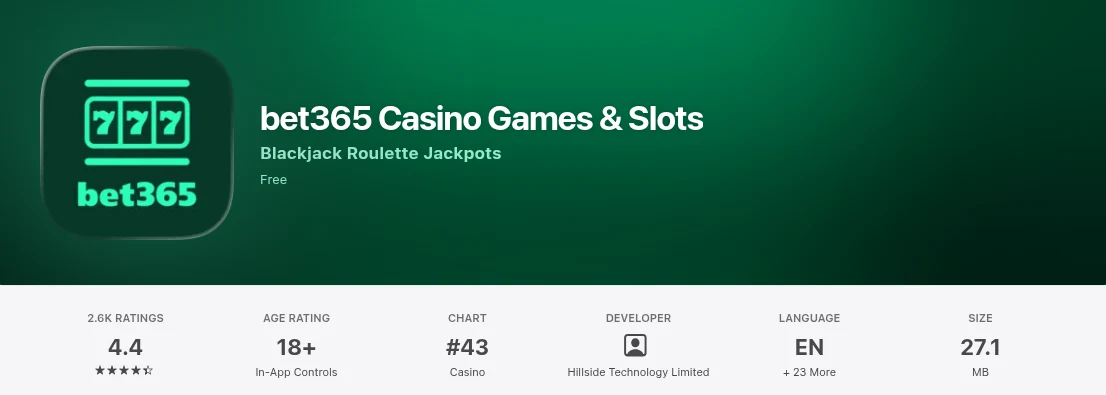 bet365 Casino Games and Slots listing on the Canadian App Store showing its rating and developer