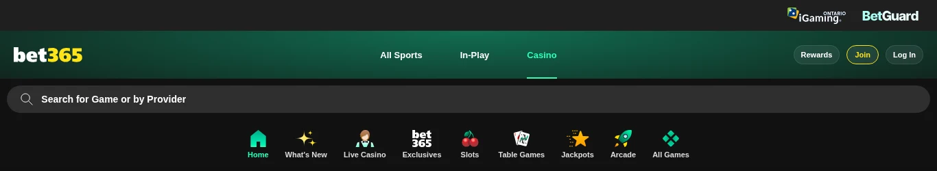 bet365 Ontario casino lobby header showing the iGaming Ontario seal, BetGuard and the game categories
