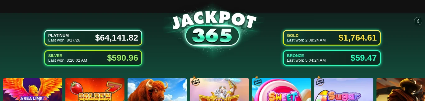 Jackpot 365 panel at bet365 Ontario showing the Platinum, Gold, Silver and Bronze jackpot totals