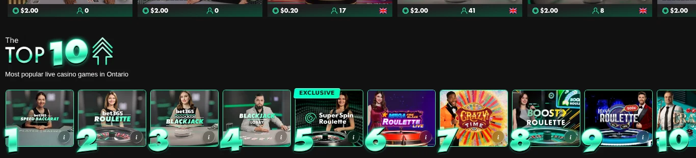 bet365 Ontario live casino lobby listing the ten most played live tables in the province