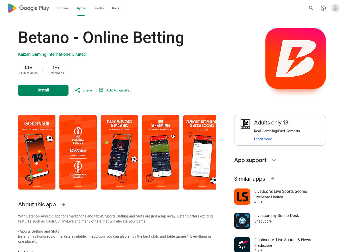 Betano on Google Play Canada showing 116K ratings pooled from every country, not just Canada