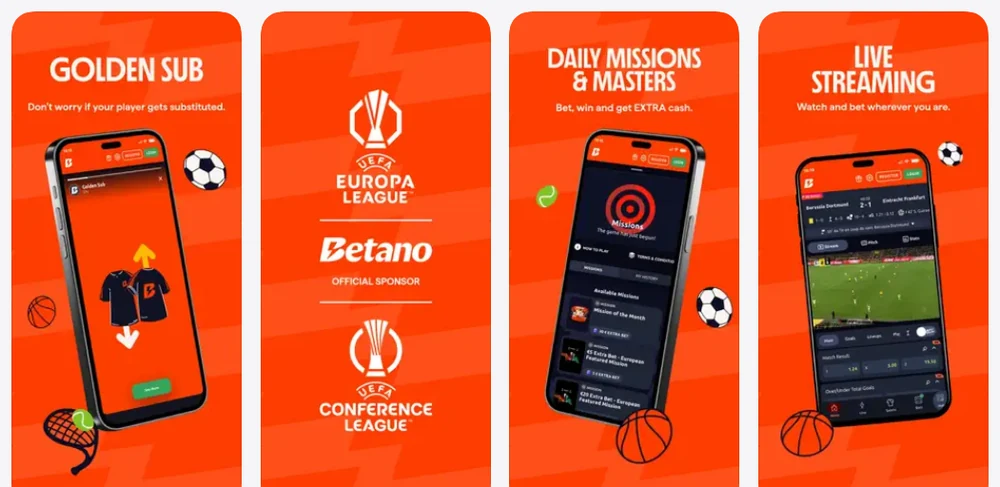 The store creatives on Betano’s Canadian App Store page, which advertise Golden Sub, daily missions and live streaming — all sportsbook features, with no Ontario casino screen among them