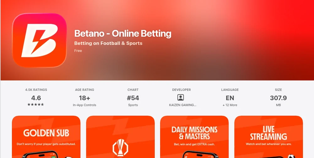 The Betano App Store page served to Canada, titled Betano — Online Betting and subtitled Betting on Football & Sports, published by Kaizen Gaming International