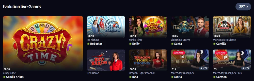 The Evolution Live Games shelf in the Betano Ontario live casino, 397 tables headed by Crazy Time