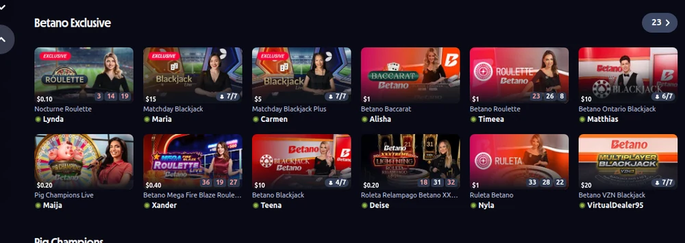 The Betano Exclusive shelf in the Ontario live casino, with Betano-branded blackjack, roulette and baccarat tables and their named dealers