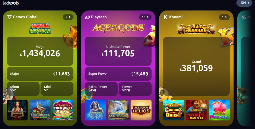 The Betano Ontario jackpot board, with the Games Global pool at $1,434,026, Playtech Age of the Gods at $111,705 and Konami at $381,059, each broken into its own tiers