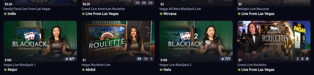 The Live from Vegas shelf in the Betano Ontario live casino, with table minimums printed on each tile