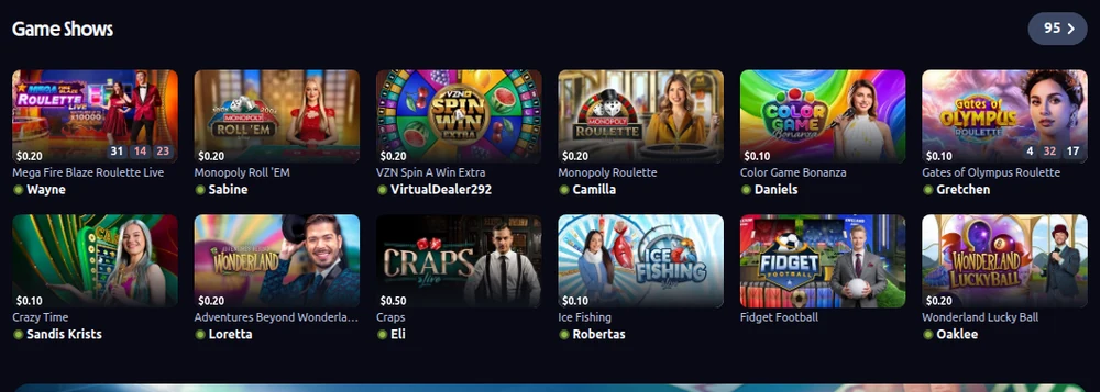 The Game Shows shelf in the Betano Ontario live casino, with the stake floor and the dealer on duty shown on every tile