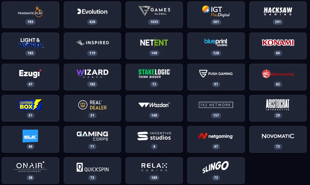 The Betano Ontario providers page, naming each studio with its game count: Games Global 1033, Pragmatic Play 783, Evolution 428, IGT PlayDigital 301 and Hacksaw 291 among them