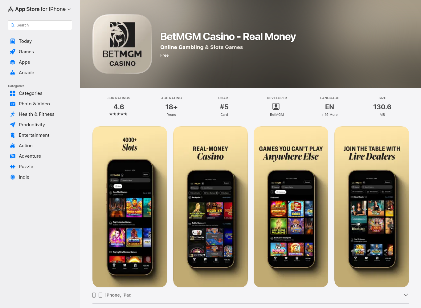 BetMGM Casino on the Canadian App Store showing its rating and download size