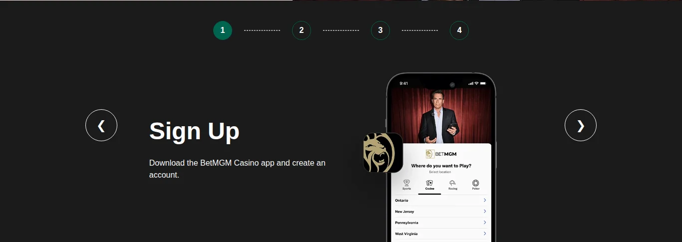 BetMGM Casino app sign-up screen asking where you want to play, with Ontario listed first