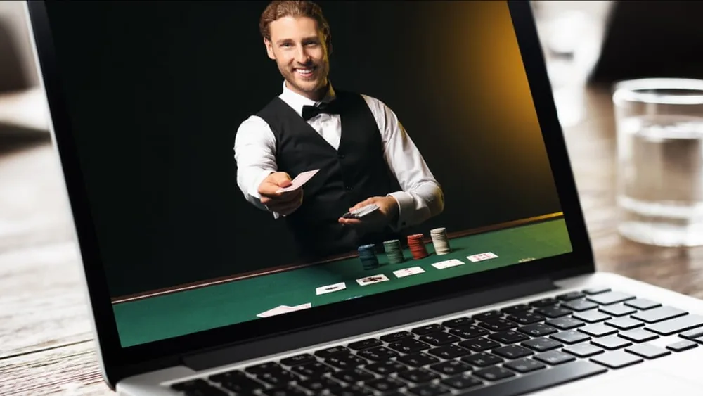 Live dealer table streamed to a laptop at BetMGM Ontario