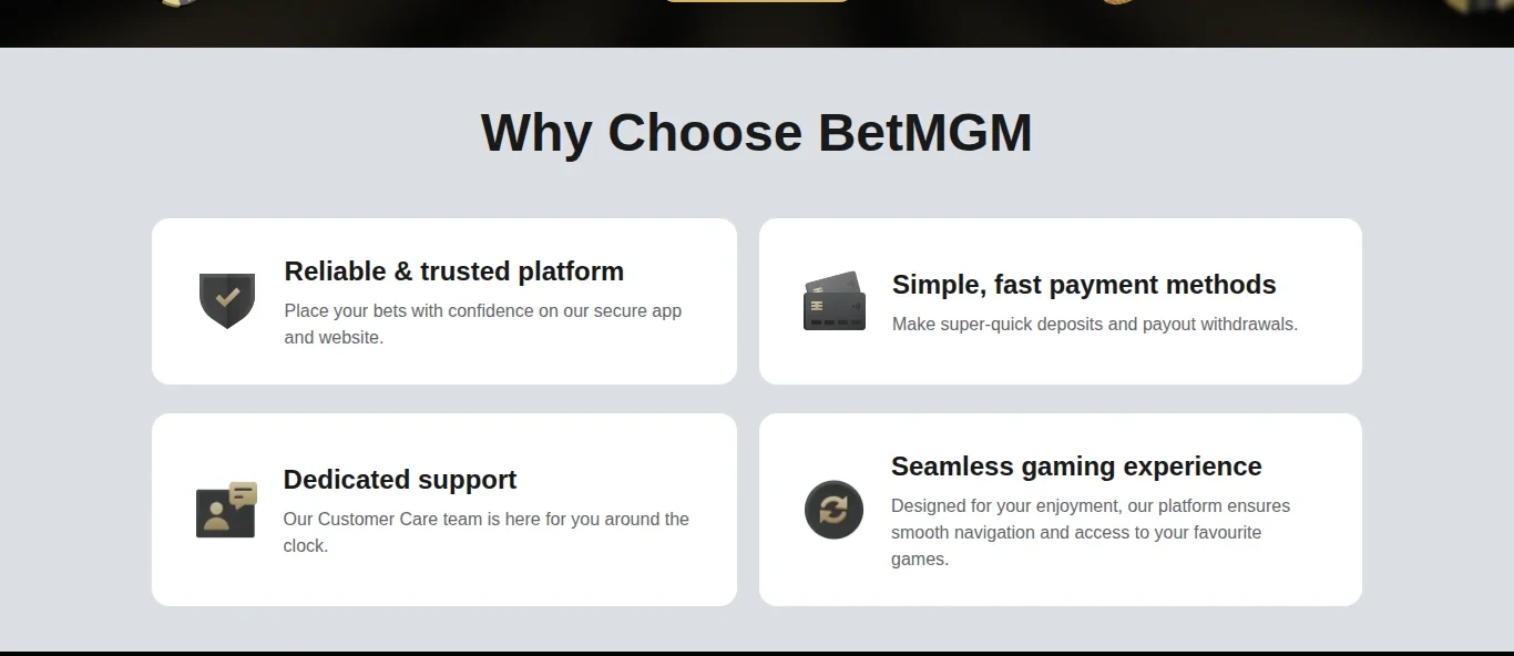 BetMGM Ontario platform summary listing trusted platform, payment methods, support and gaming experience