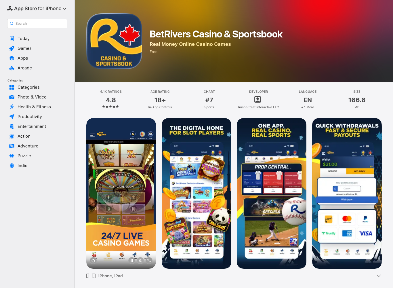 BetRivers Casino & Sportsbook on the Canadian App Store, rated 4.8 out of 5 with a 166.6 MB download
