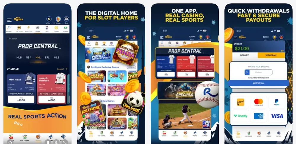 The BetRivers Casino & Sportsbook listing on the Canadian App Store, rated 4.8 with an 18+ age rating, and store creatives for Prop Central, the slot lobby and withdrawals