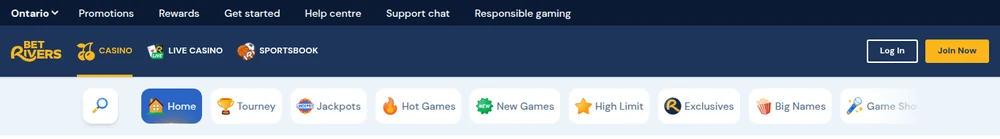 The BetRivers Ontario lobby bar, with the Casino, Live Casino and Sportsbook tabs above the category filters for Tourney, Jackpots, Hot Games, New Games, High Limit, Exclusives, Big Names and Game Shows