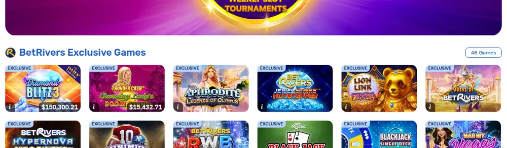 The BetRivers Exclusive Games shelf in the Ontario lobby, the titles the operator states are not available at other casinos