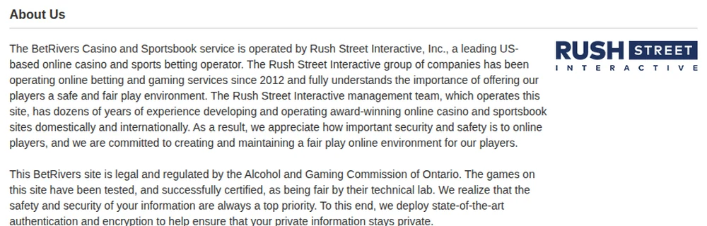 The About Us panel on BetRivers Ontario, naming Rush Street Interactive as operator and stating that the site is regulated by the Alcohol and Gaming Commission of Ontario