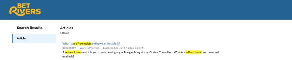 The self-exclusion article in the help centre BetRivers Ontario links to, describing an exclusion from any online gambling site in <State> — an unfilled template field — and still flagged Work In Progress