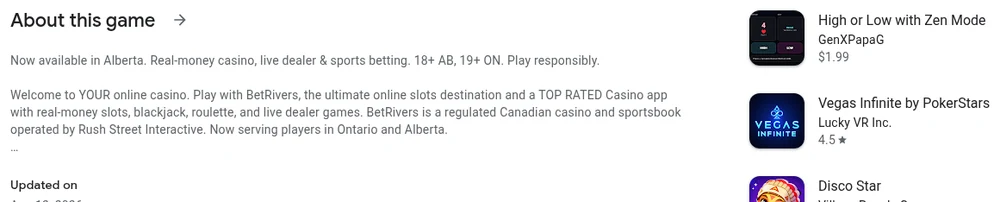 The Google Play description for BetRivers Ontario, which lists real-money slots, blackjack, roulette and live dealer games and notes the app now serves both Ontario and Alberta