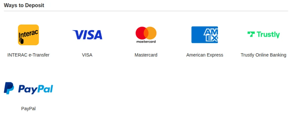 The Ways to Deposit panel BetRivers publishes for Ontario: INTERAC e-Transfer, Visa, Mastercard, American Express, Trustly Online Banking and PayPal