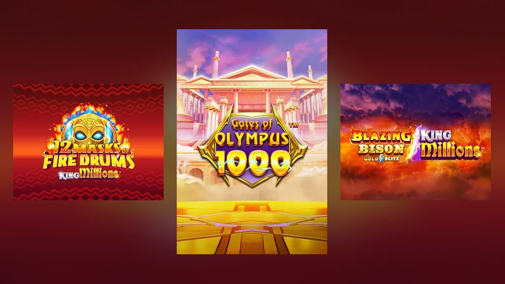 Betway Ontario slots with 12 Masks of Fire Drums King Millions, Gates of Olympus 1000 and Blazing Bison Gold Blitz