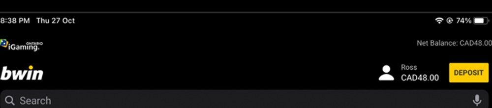 The bwin Ontario account bar showing the iGaming Ontario mark, a balance in Canadian dollars and the Home, Slots and Jackpots tabs