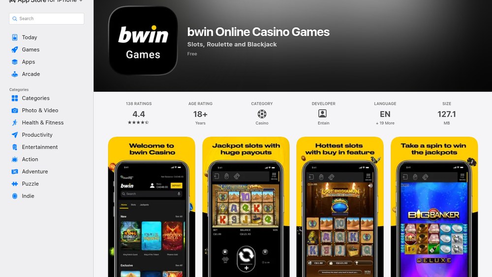 The bwin Online Casino Games listing on the Canadian App Store, published by Entain Operations Limited