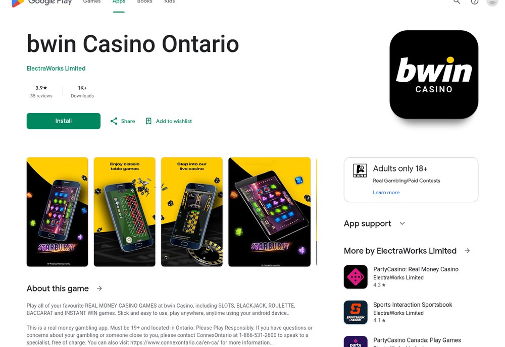 The bwin Casino Ontario listing on Google Play, published by ElectraWorks Limited, with PartyCasino and Sports Interaction listed under More by the same developer