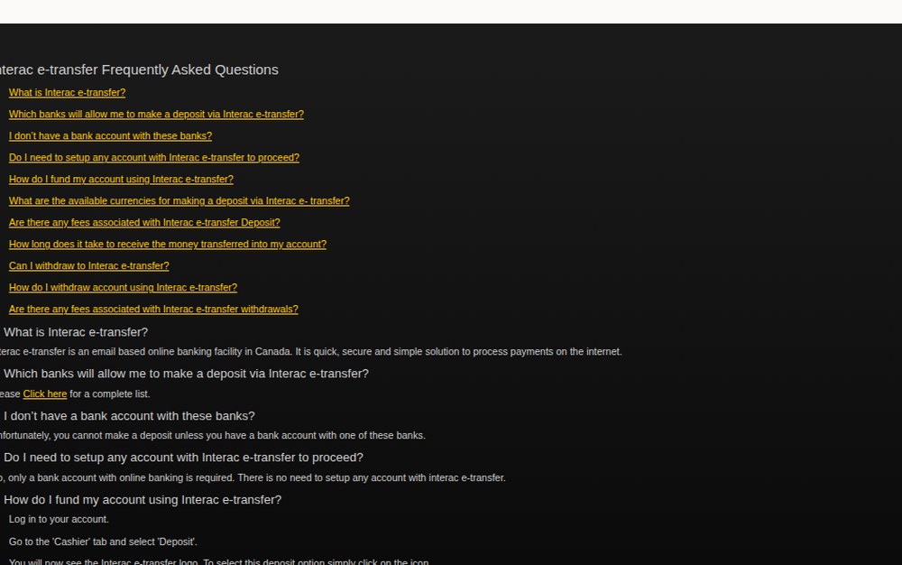 The bwin help centre page for Interac e-Transfer, which states no fees and an eight-hour withdrawal window