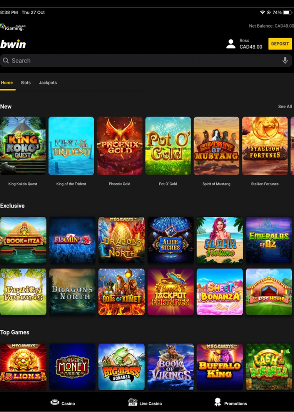 The bwin Ontario casino lobby with the New, Exclusive and Top Games shelves
