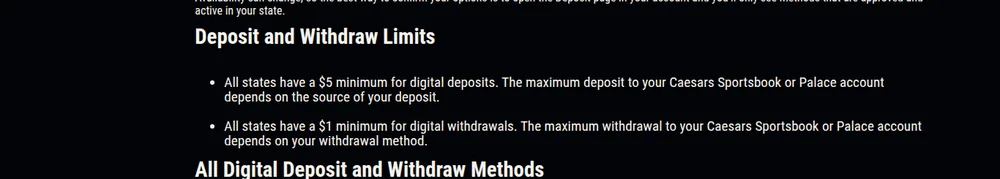 Caesars deposit and withdrawal minimums for Ontario