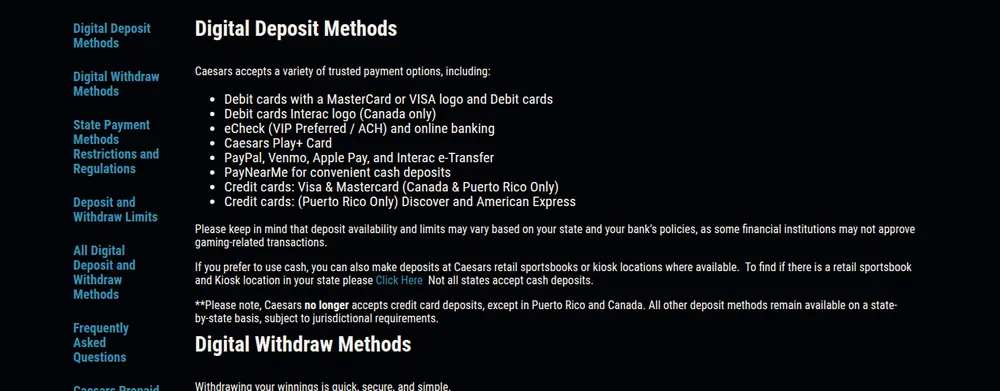 Digital deposit methods listed by Caesars for Ontario players