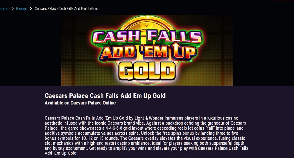 Caesars Palace Cash Falls Add 'Em Up Gold jackpot slot by Light & Wonder