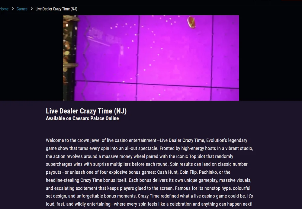 Live Dealer Crazy Time page served by Caesars, carrying the NJ label