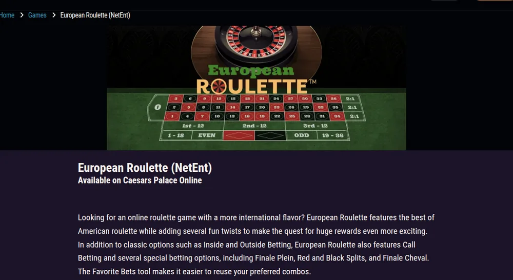 European Roulette by NetEnt on the Caesars game pages