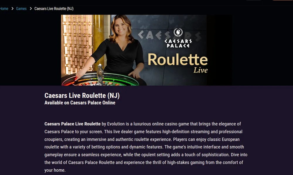 Caesars Live Roulette, the operator's own Evolution table, still labelled NJ