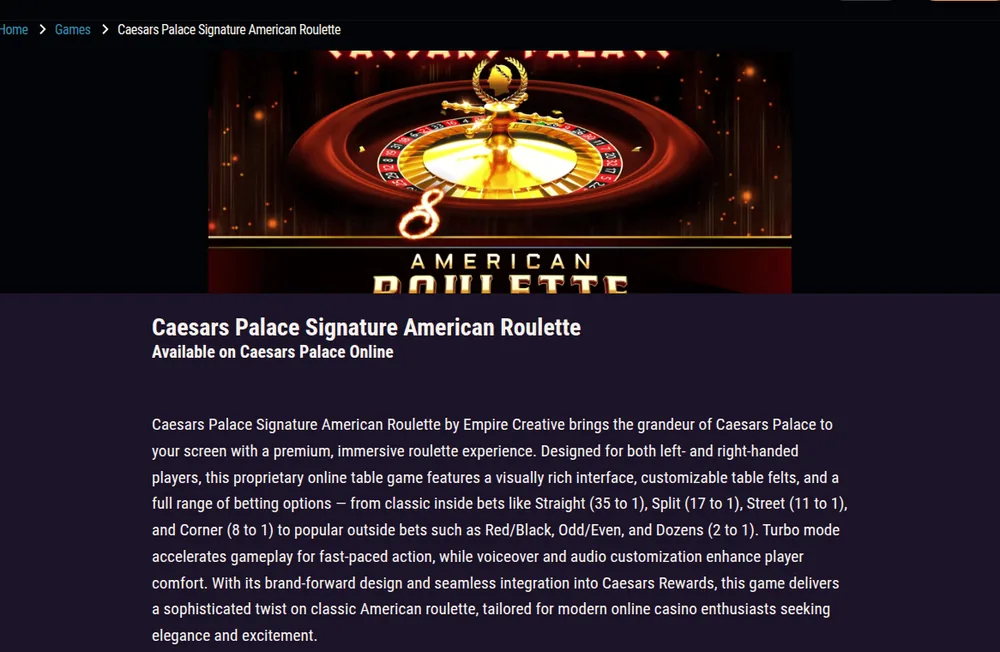 Caesars Palace Signature American Roulette, built for Caesars by Empire Creative