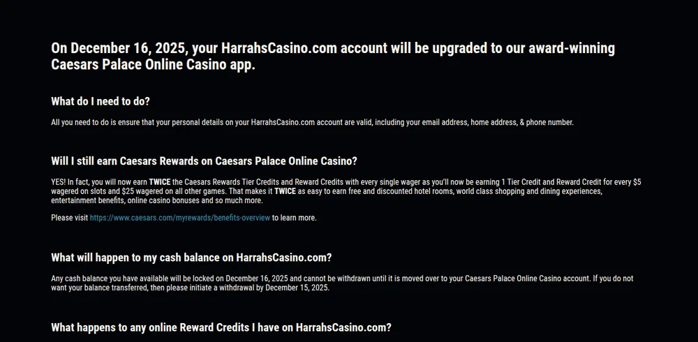Caesars notice on the HarrahsCasino.com account migration