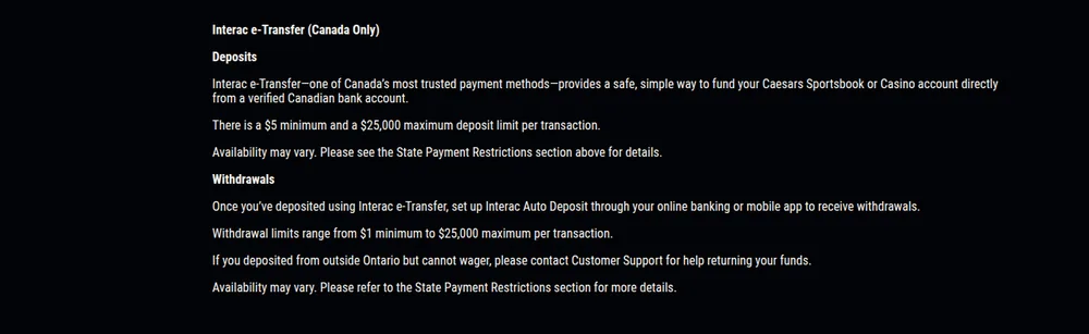 Interac e-Transfer deposit and withdrawal limits at Caesars
