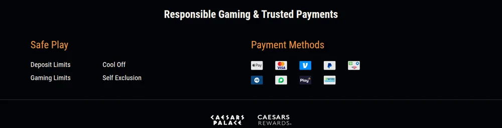 Safe play tools and accepted payment methods at Caesars Ontario