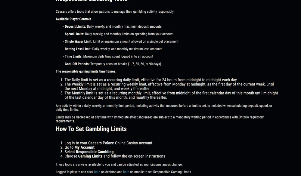 Responsible gambling limit tools at Caesars Palace Online Casino Ontario