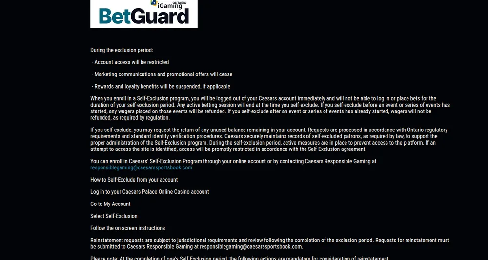 Caesars self-exclusion options and BetGuard for Ontario players