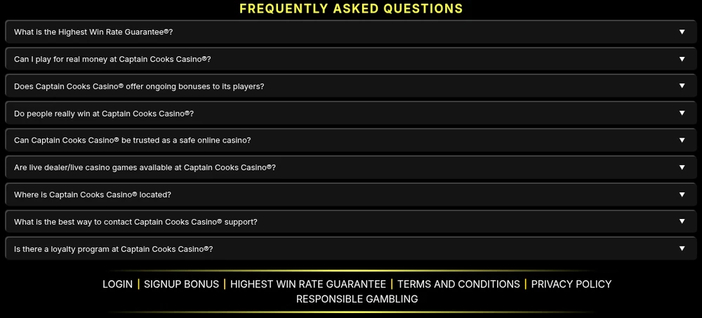 The Frequently Asked Questions section on the Captain Cooks Casino Ontario home page, covering the Highest Win Rate Guarantee, live dealer games and support