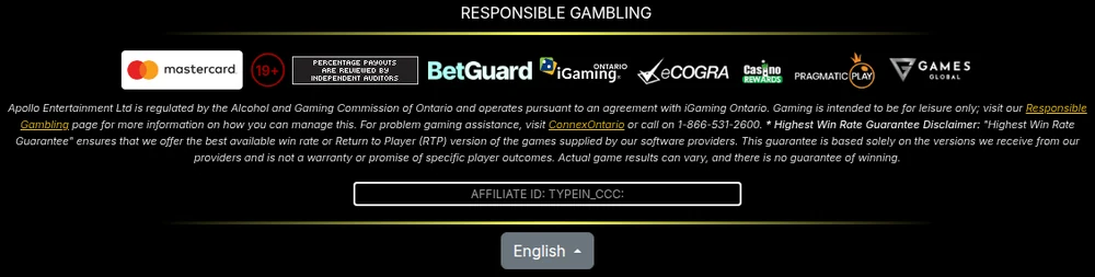The Captain Cooks Casino Ontario footer, showing the iGaming Ontario, eCOGRA, Pragmatic Play and Games Global marks, the Highest Win Rate Guarantee disclaimer and an unfilled affiliate ID placeholder reading TYPEIN_CCC