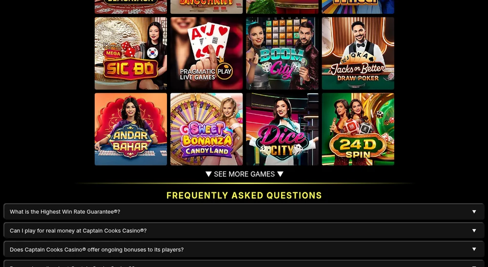 The Live Casino section at Captain Cooks Casino Ontario, with twelve Pragmatic Play tables including Mega Sic Bo, Andar Bahar, Dice City and 24D Spin