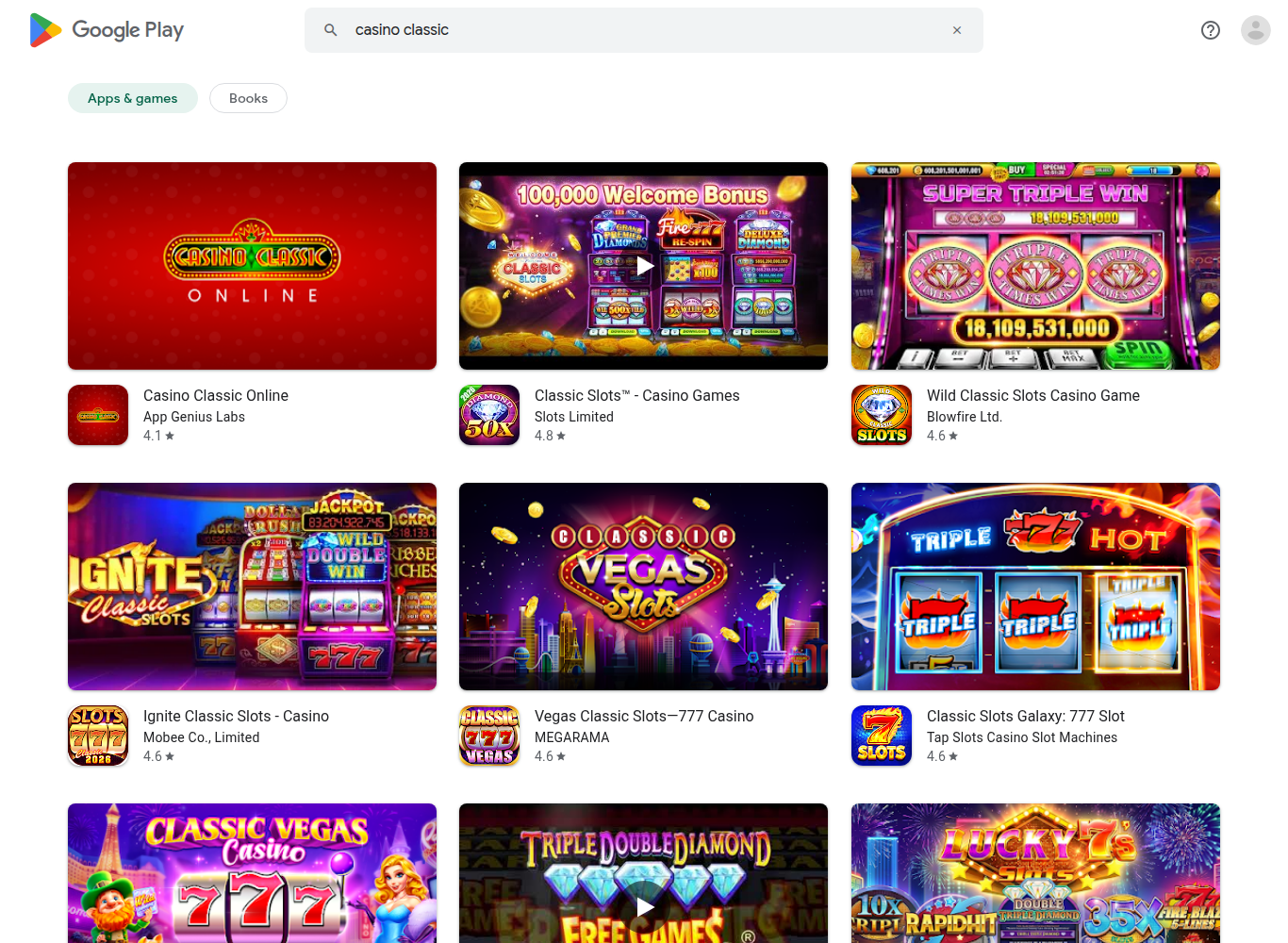 Searching Casino Classic on Google Play Canada puts the AppGenius Labs lookalike first, ahead of the real Apollo app