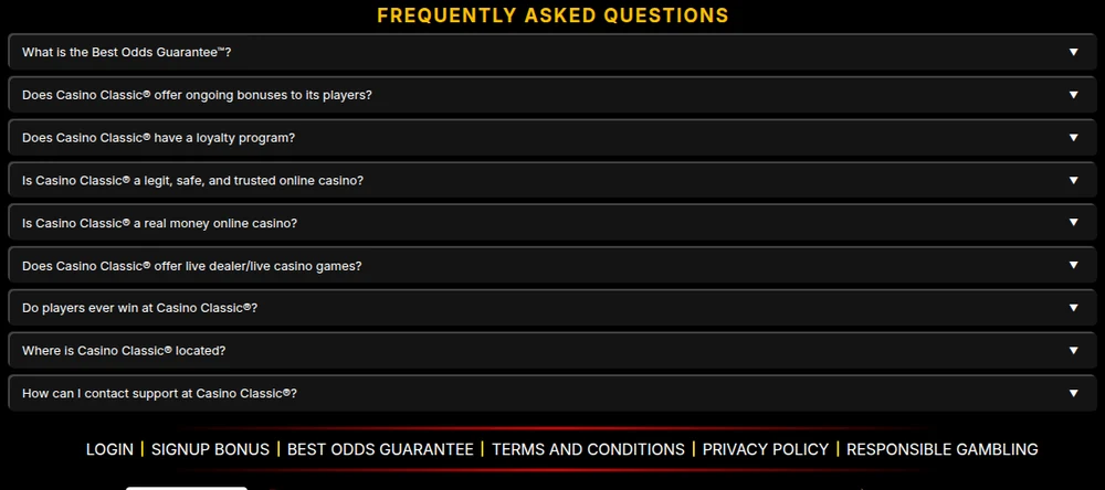 The Frequently Asked Questions section on the Casino Classic Ontario home page, including the Best Odds Guarantee and the loyalty programme