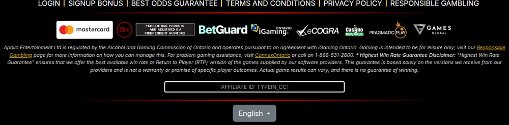 The Casino Classic Ontario footer, showing the iGaming Ontario, eCOGRA, Pragmatic Play and Games Global marks, the win rate guarantee disclaimer and an unfilled affiliate ID placeholder